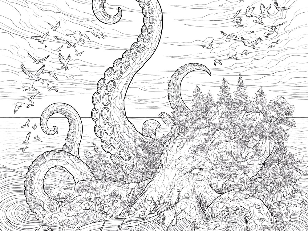 Line art illustration of the Hafgufa, a sea monster from Norse myth