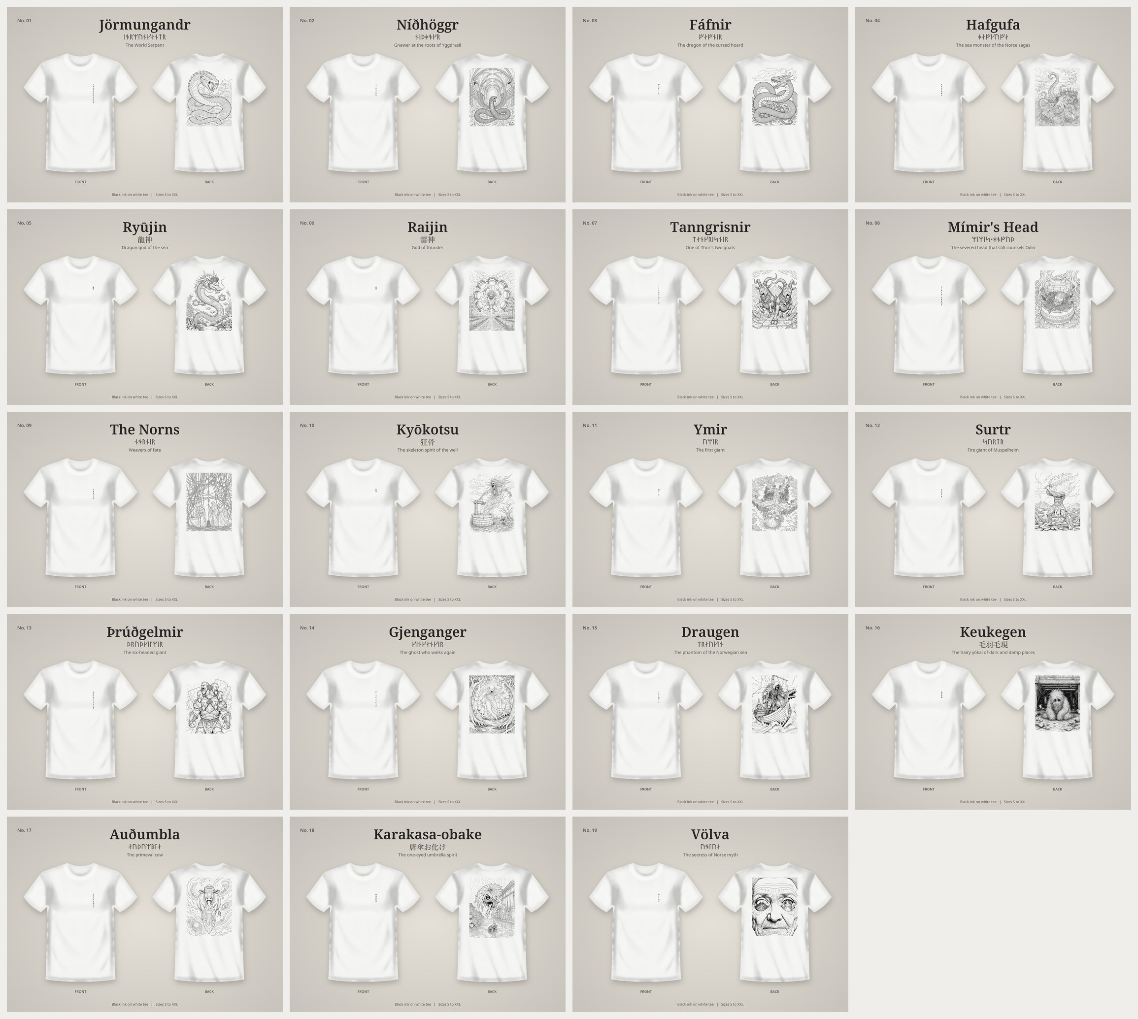 Overview of all t-shirt designs on white t-shirts