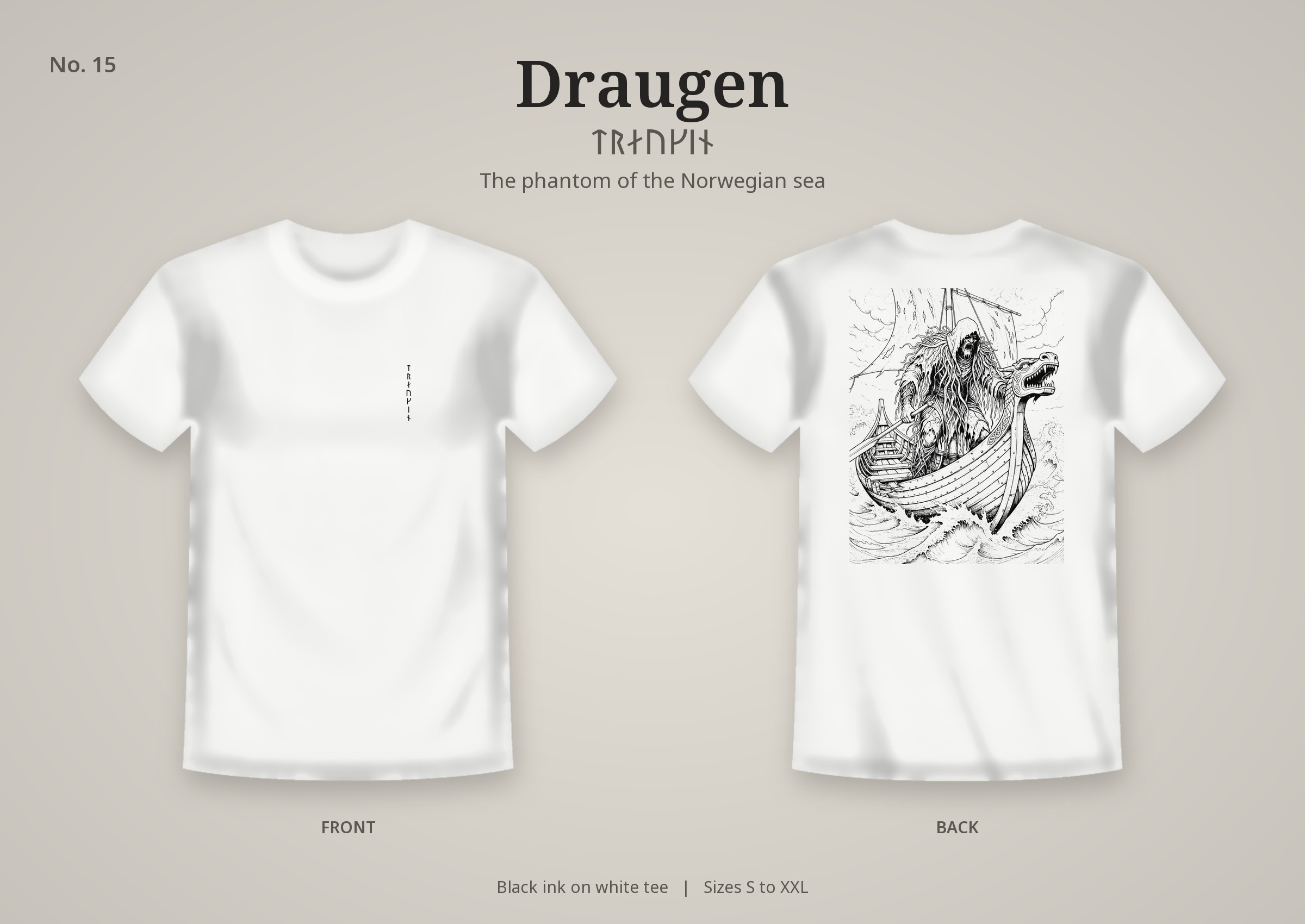Draugen design on a white t-shirt