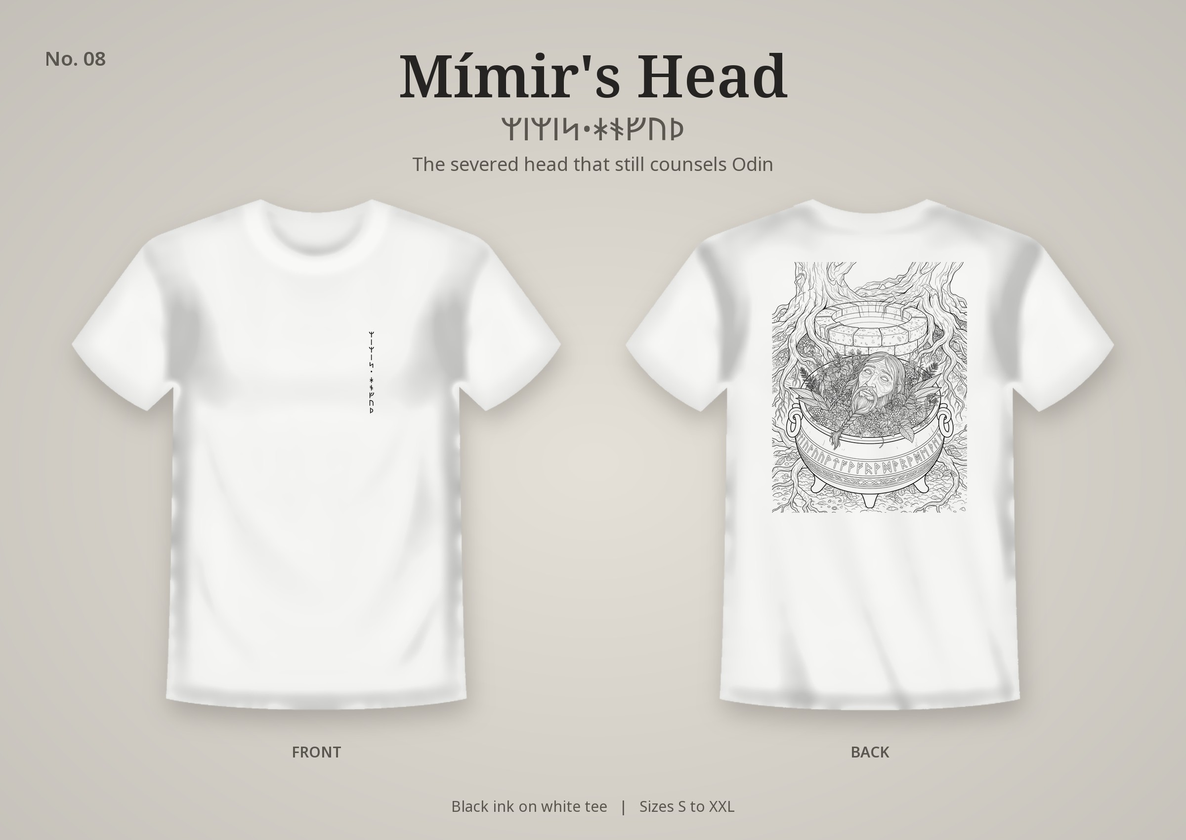 Mímir's Head design on a white t-shirt