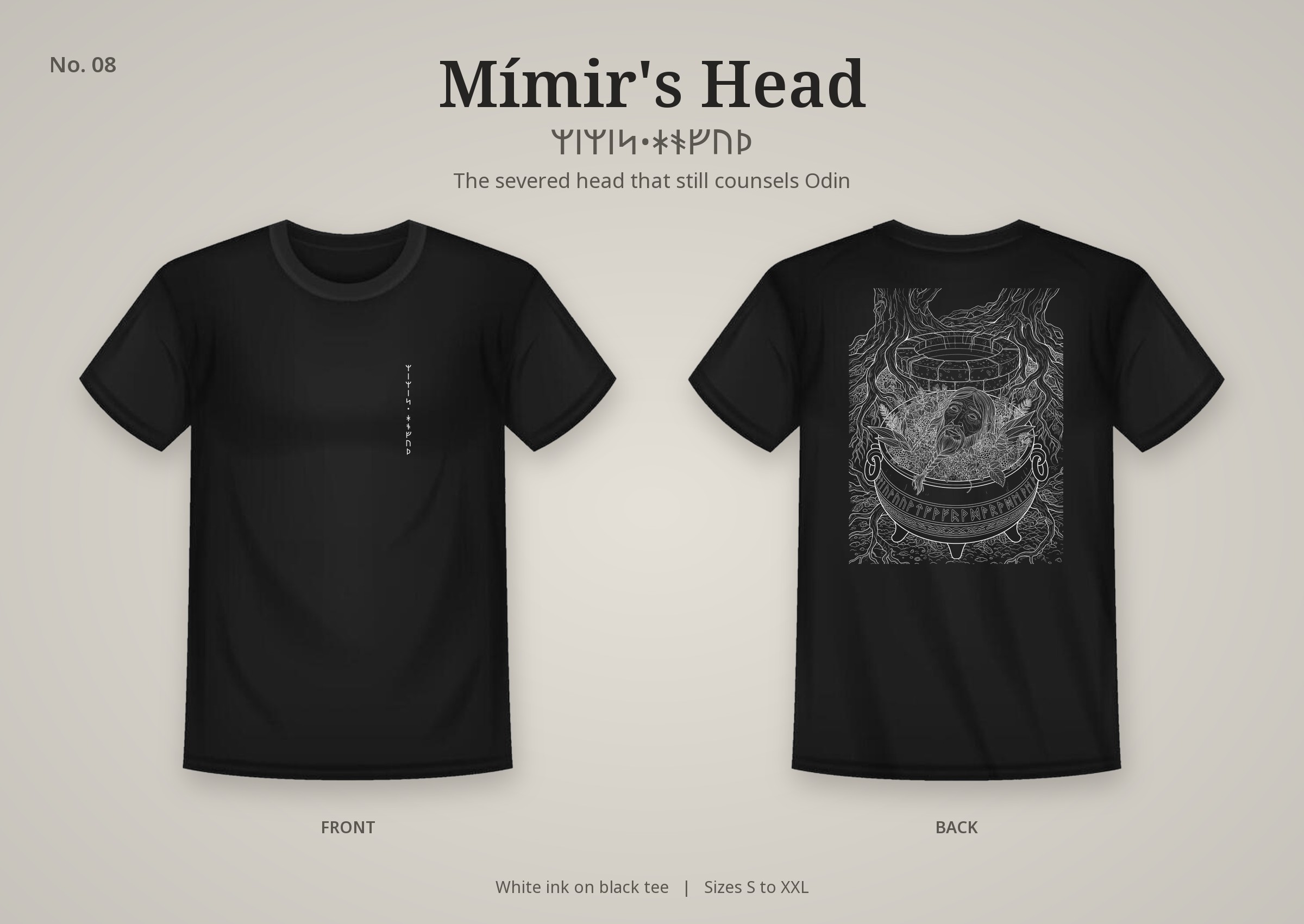 Mímir's Head design on a black t-shirt
