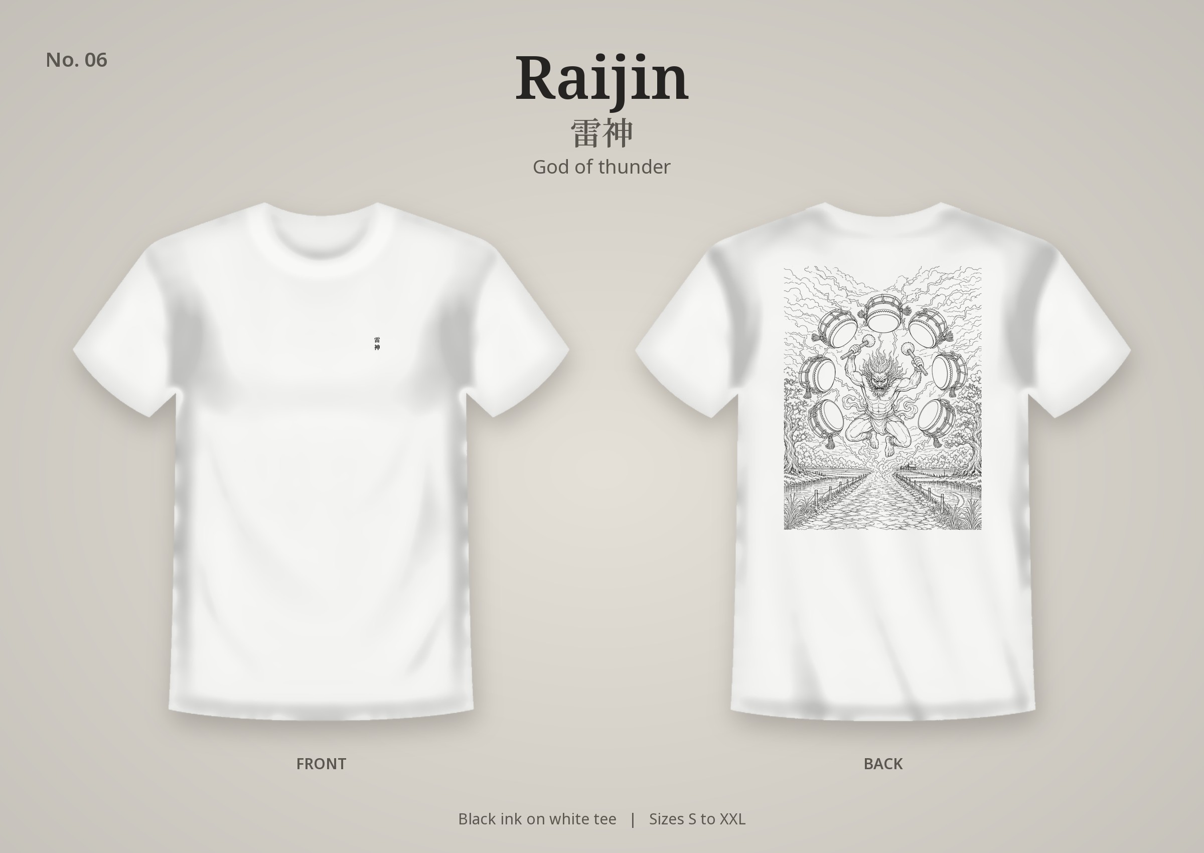 Raijin design on a white t-shirt