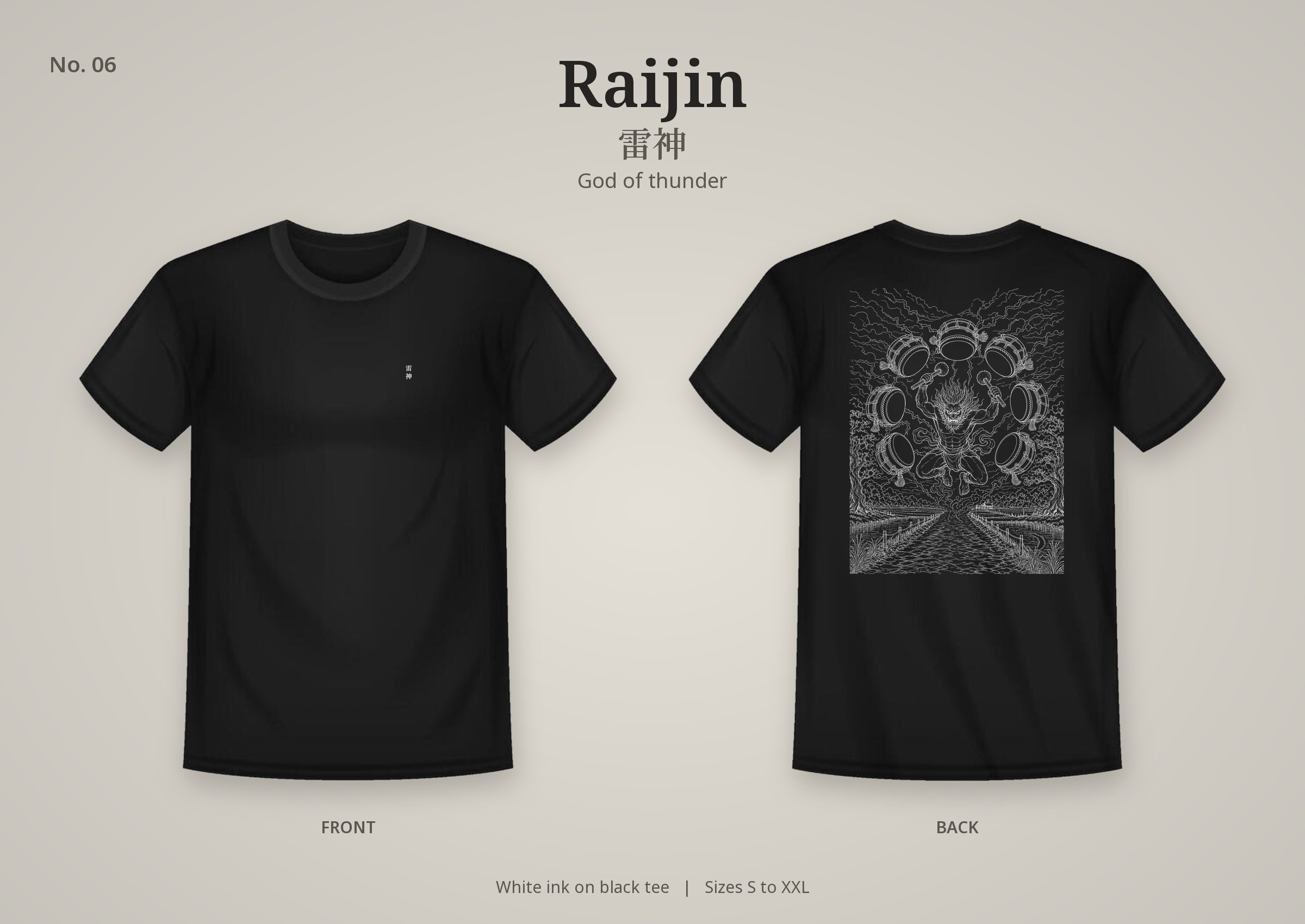Raijin design on a black t-shirt