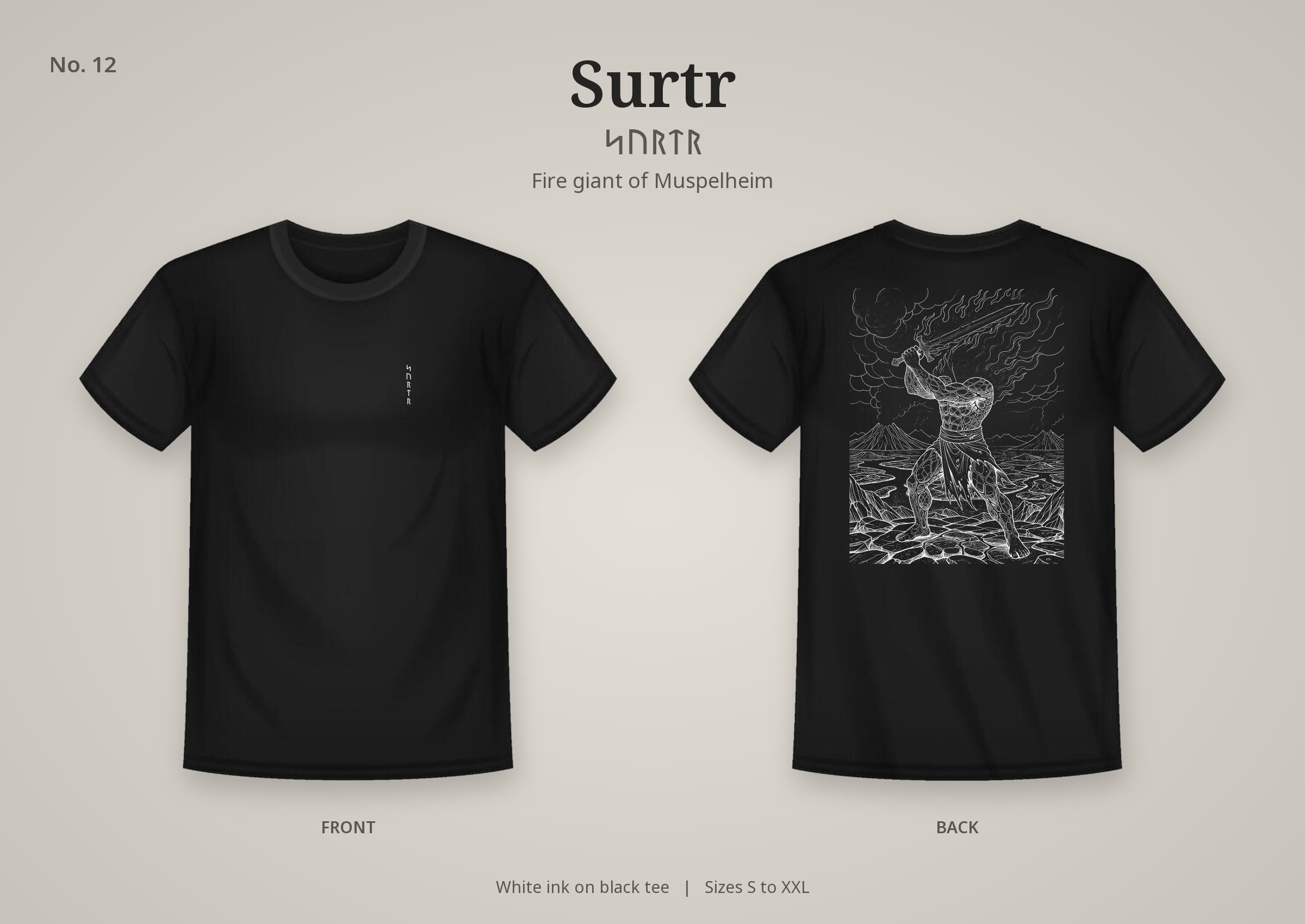Surtr design on a black t-shirt